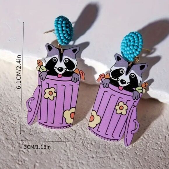 14k RACCOON IN TRASH CAN cute whimsical novelty fun dangle earrings - Picture 2 of 6